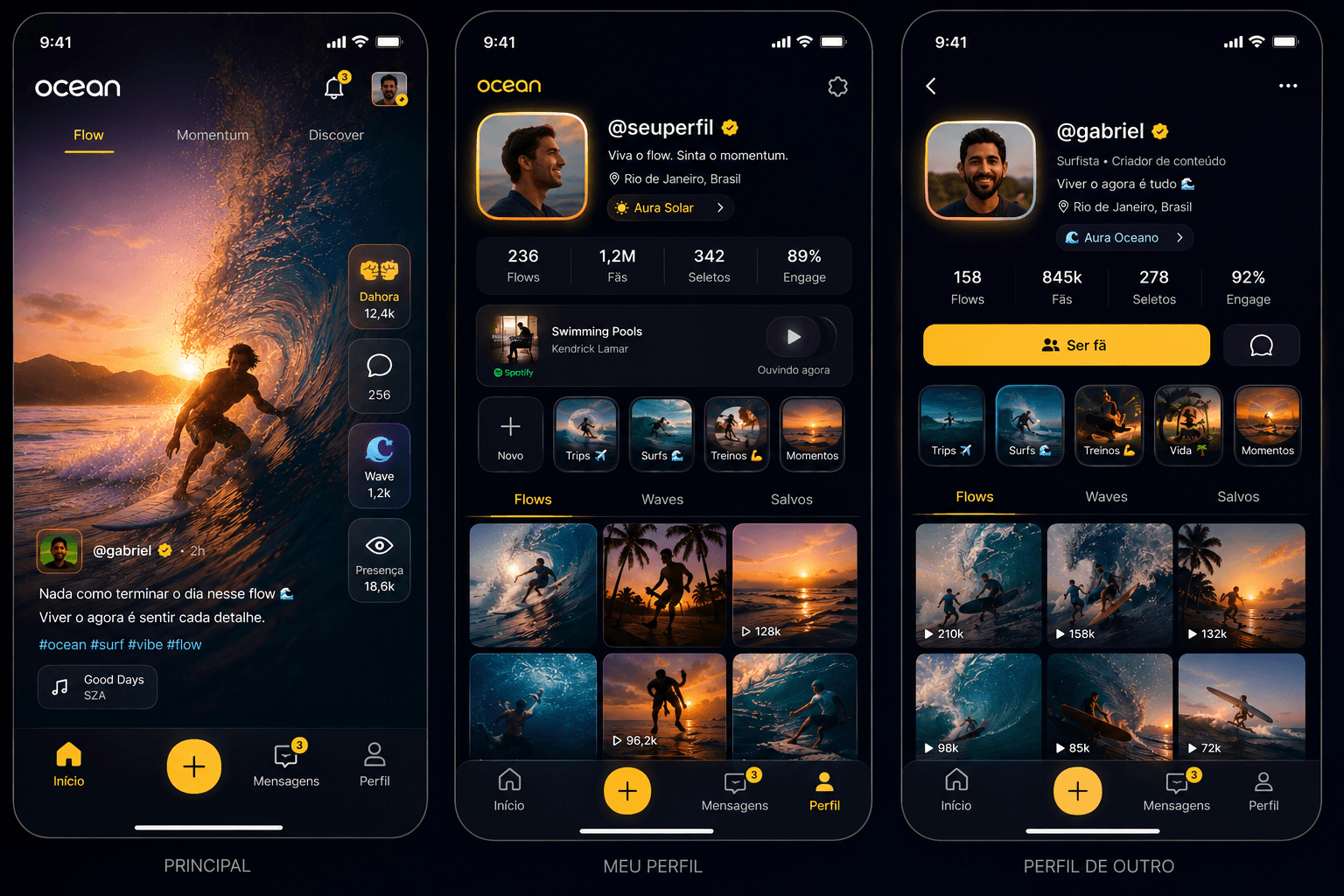 Previa mobile da Wave com telas de flow e perfil